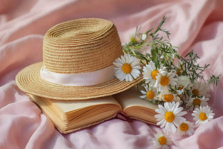 Straw hat, open book, and fresh daisies resting on a soft pink textileの素材