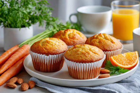 Baked carrot muffins served with fresh carrots, almonds, orange slice and orange juiceの素材