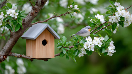 Small bird perching beside a wooden birdhouse among white spring blossomsの素材