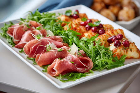 Appetizer platter presenting prosciutto, arugula, roasted pineapple, and cranberriesの素材
