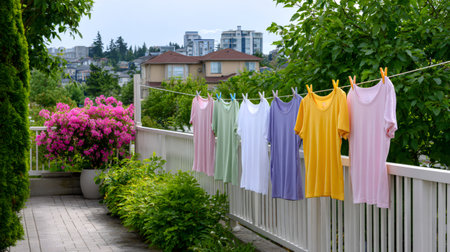 Colorful t-shirts hanging on a clothesline on a balcony, drying in the summer breezeの素材