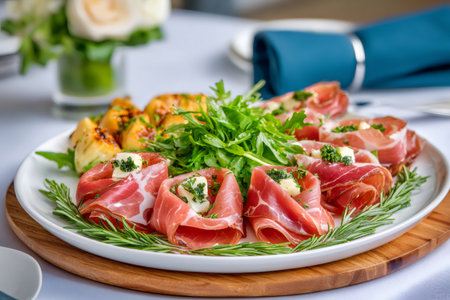 Appetizer platter with prosciutto, mozzarella, pesto, arugula, and rosemary for fine diningの素材