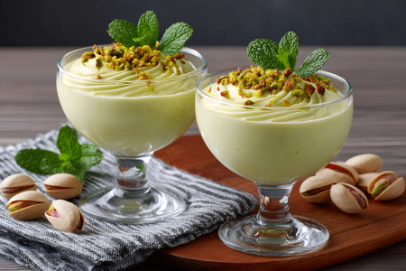 Two glasses containing creamy pistachio mousse, garnished with chopped pistachios and fresh mintの素材