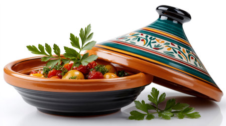 Traditional ceramic tagine pot cooking healthy stew with vegetables, fresh parsley, and spicesの素材