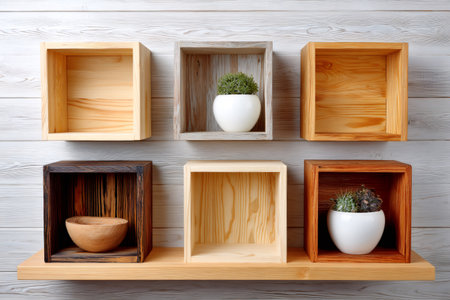 Wooden cube shelf units contrasting on a textured white wall, creating modern home decorの素材