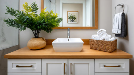Bathroom interior featuring a wooden countertop, white sink, and fresh green fernの素材