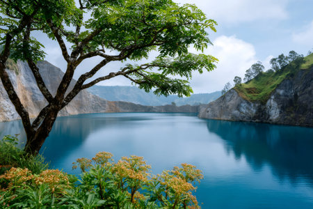 Serene landscape showing a vibrant blue water quarry lake with surrounding cliffs and green vegetationの素材