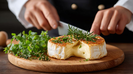 Chef cutting a warm, melted Camembert cheese appetizer garnished with fresh herbsの素材
