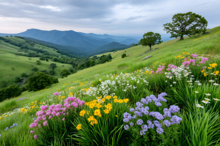 Vibrant wildflowers covering a green hillside with distant mountains under a cloudy skyの素材