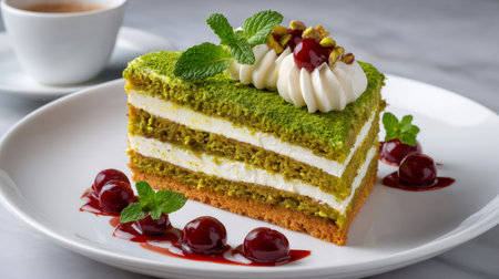 Delicious slice of pistachio cake with layered cream, fresh cherries, and coffee cupの素材