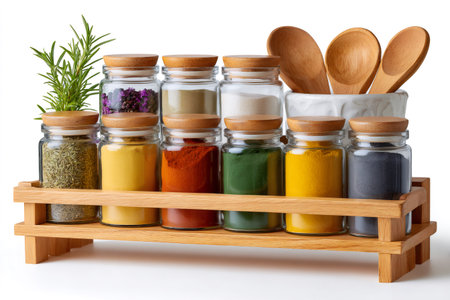 Assorted spices and herbs in glass jars on a wooden rack with cooking spoonsの素材