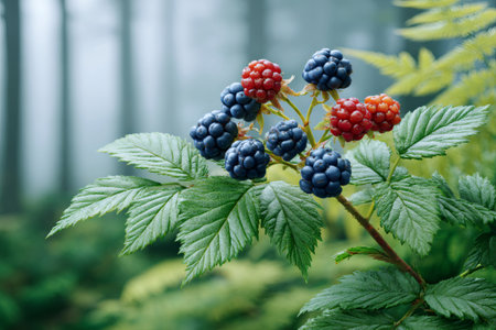 Wild blackberries in various stages of ripening on a bush, surrounded by green leavesの素材