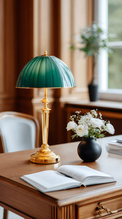 Elegant desk setup featuring an open book and a bouquet of white flowers, creating a cozy study atmosphereの素材