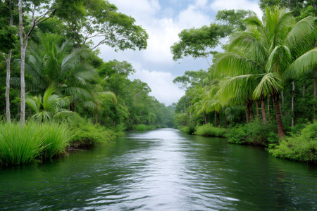 Lush green jungle foliage lines a peaceful tropical river under a cloudy skyの素材
