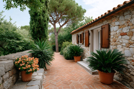 Traditional stone house featuring a herringbone brick patio and lush Mediterranean gardenの素材