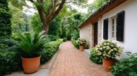 Brick path winding through a beautiful green garden with a white houseの素材