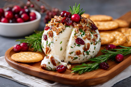 Cheese ball appetizer with pecans, cranberries, and rosemary on a wooden boardの素材