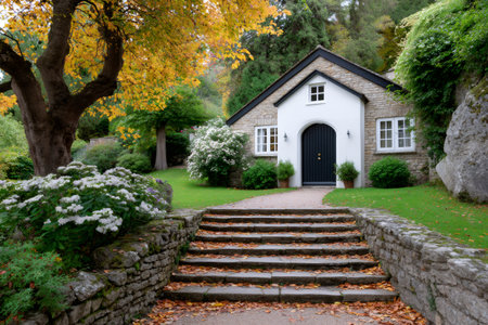 Stone cottage with a black door and white windows, nestled in a vibrant autumn gardenの素材