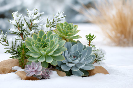 Echeveria succulents growing among rocks and snow-covered evergreen branches in winterの素材