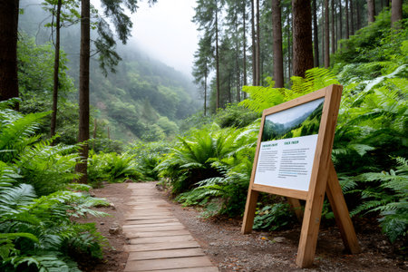 Wooden pathway winding through a lush green forest with a nature information signの素材