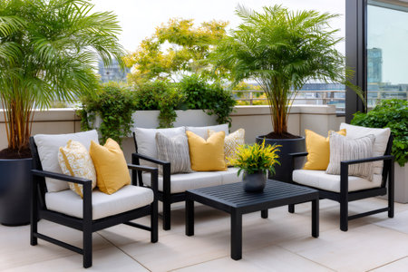 Outdoor patio furniture set on a modern rooftop terrace with green plants and city viewsの素材