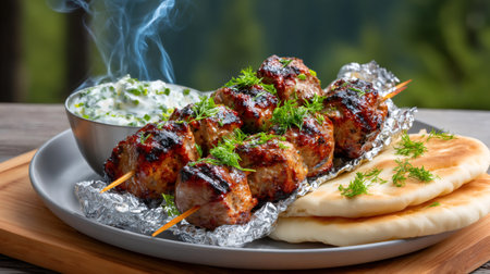 Grilled kebab skewers with fresh dill, pita bread, and tzatziki sauce steaming on a plateの素材