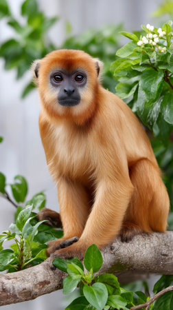 Red howler monkey sitting on a tree branch, looking directly forwardの素材
