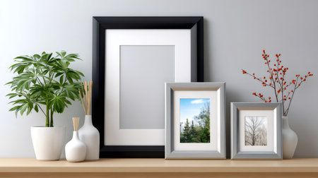 Interior decor with various picture frames, green plants, and decorative vases on a wooden shelfの素材