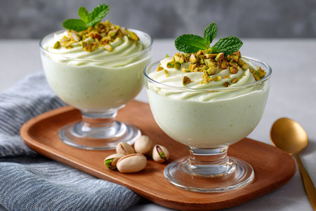 Light green pistachio mousse served in a glass bowl, garnished with chopped pistachios and mintの素材