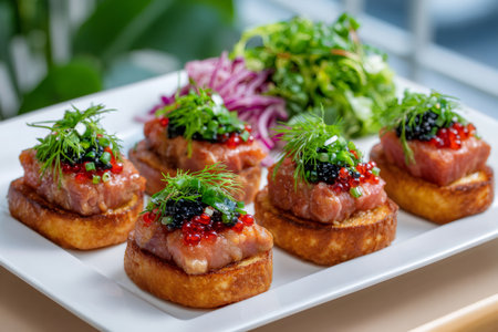 Seafood appetizer featuring raw tuna tartare, black and red caviar on toasted breadの素材
