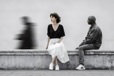 Woman and man sitting separated while observing fleeting moments in an urban environmentの素材