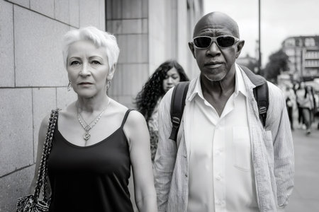 Diverse senior couple walking together on a busy city sidewalkの素材