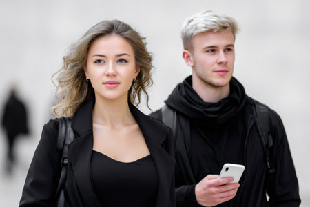 Young couple walking and talking on a city streetの素材