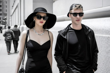 Fashionable couple exploring urban environment, wearing sunglasses and black clothingの素材