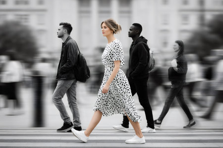 Color woman standing out from blurred monochrome crowd on a city street crosswalkの素材