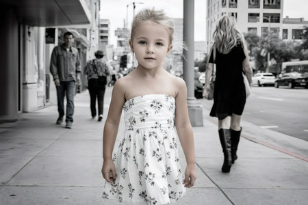 Little girl standing on a busy street with selective color effectの素材