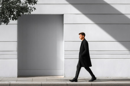 Young man in black coat walking along a modern building wall with strong shadowsの素材