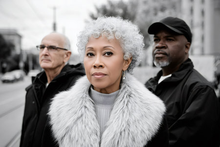 Diverse senior adults standing together, showing determination with a selective color effect on the womanの素材