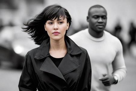 Woman in trench coat walking forward with focused expression, man blurred behind herの素材