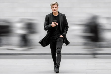 Young man using a mobile phone while walking in an urban setting with motion blur backgroundの素材