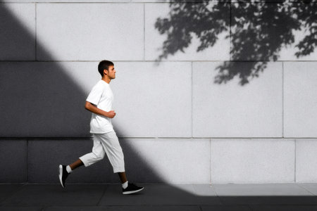 Young man in white sportswear running outdoors on a sunny dayの素材