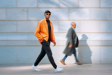 Young man wearing orange jacket walking with an older blurred man representing different generationsの素材