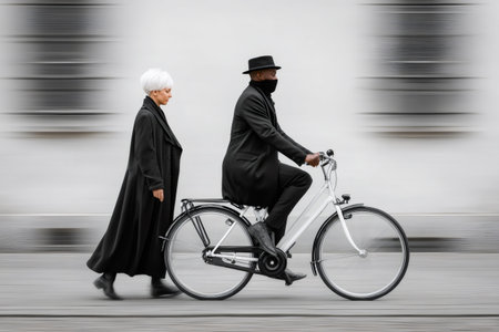 Man riding a bicycle with woman walking alongside, both dressed in black coats, creating motion blur effectの素材
