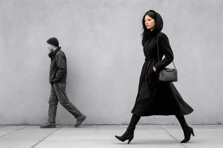 Woman in a black coat walks past a man in a black and white street sceneの素材