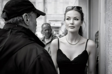 Elegant woman standing on a street, a man in a hat talking to her, candid street sceneの素材