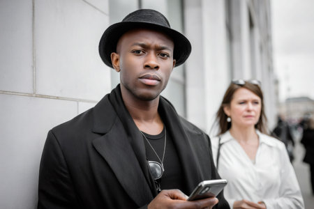 Stylish young Black man wearing a black hat and coat, looking at camera and holding a smartphoneの素材