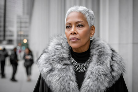 Stylish senior woman wearing a fur collar and jewelry with a selective color effectの素材