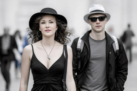 Fashionable couple walking on a city street with selective color highlighting the womanの素材