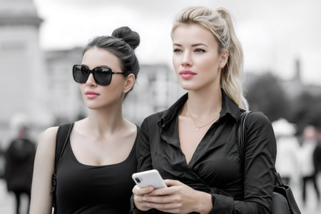 Two young women friends using smartphone outdoors with selective pink colorの素材