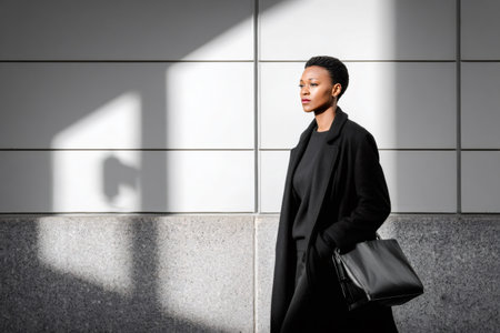 Confident businesswoman walking past a modern wall casting strong shadowsの素材